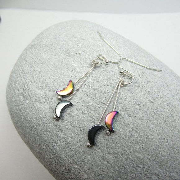 Hematite Moon dangle Earrings - Picture 5 of 9